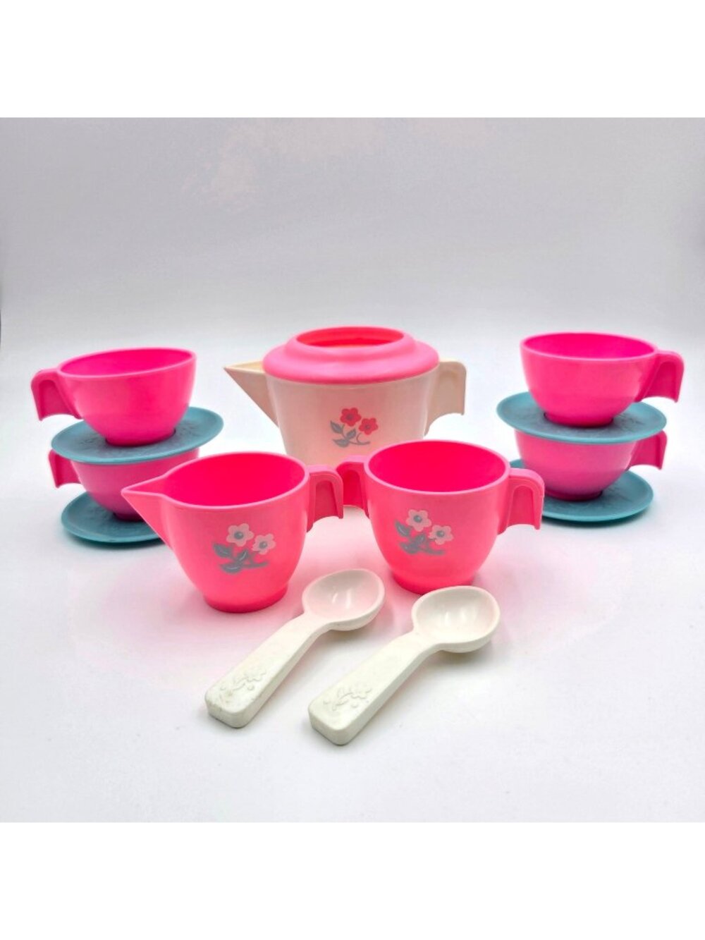 Fisher Price 1982 Tea Set Pink Blue White 13pc Floral Pretend Play Dishes Read